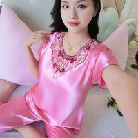 仿真丝睡衣女夏季短袖薄款加肥加大码春秋季冰丝绸夏款妈妈两件套 西瓜红 【722短袖+中裤】 M 【75-100斤】