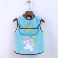 宝宝罩衣夏季薄款吃饭围兜无袖防水防脏婴儿童男女围嘴秋冬反穿 蓝色 独角兽坎肩 100小码(适合0-3岁)