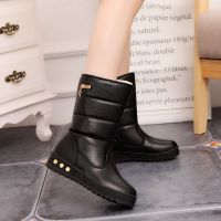 冬季雪地靴女加厚雪地棉平跟厚底防滑皮面防水中筒靴子保暖大棉鞋 黑色 35