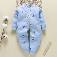 婴儿连体保暖衣服长袖加绒男宝宝冬哈衣女新生儿睡衣0-3-6个月1岁 老款蓝狐狸 白绒偏小 66