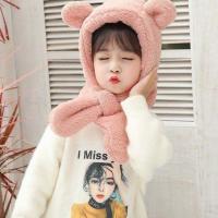 婴儿宝宝帽子围巾一体套装冬季男女儿童连帽围脖护耳帽加绒加厚 藕粉色熊耳朵 S码(3月-2岁)大小可调节