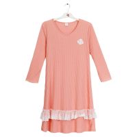 睡裙长袖女春秋季V领中长款睡衣韩版清新显瘦起居服可外穿家居服 桔红色 22%棉 S