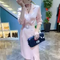 春季新款高端仿真丝仿醋酸西装裙连衣裙名媛气质时尚女神范女装 粉色 M