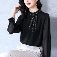黑色仿真丝衬衫女2021春季新款复古刺绣花钉珠衬衣气质立领上衣女 黑色 M 建议80-105斤