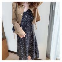 法式中长款碎花吊带连衣裙两件套装2021春季新款女装长裙子显瘦潮 黑色碎花裙 S 建议100斤内