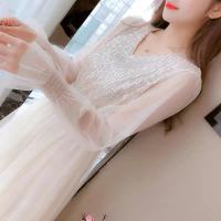 春季仙女裙2021新款气质小心机宴会礼服亮片网纱连衣裙中长款女潮 杏色8601A S