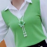 衬衫女2021春季新款时尚假俩件拼接上衣 洋气显瘦V领长袖打送项链 浅绿色(单件衣服 ) S80-95斤