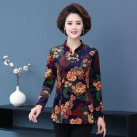 妈妈装春季新款旗袍长袖T恤中老年女装金丝绒花打底衫民族风上衣 6号色蓝凤尾 5XL 建议150-165斤