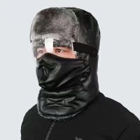 雷锋帽男冬季电动车防风防寒东北棉帽女骑车加厚保暖中老年皮帽子 黑色PU皮质 无护目镜-男女通用款