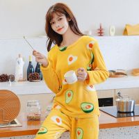 长袖睡衣女秋冬珊瑚绒加厚两件套装学生开衫法兰绒保暖家居服可爱 牛油鸡蛋 (套头) 2XL (130-150斤)