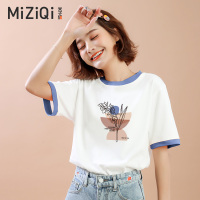 米子旗2021新款夏季短袖t恤女韩版修身显瘦印花半袖体恤打底衫 5118胸前大 灰蓝 S 80-100斤