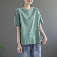 2021新款刺绣文艺短袖t恤女复古大码女装春夏季休闲宽松上衣体恤 绿色-除 M