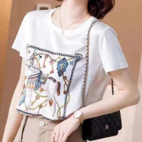 2021新款真丝短袖女t恤韩版春夏印花宽松大码桑蚕丝半袖衬衫上衣 白色5 彩馬图 M 适合85-105斤