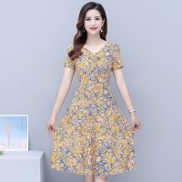 中年妈妈夏装短袖连衣裙洋气新款女装收腰显瘦碎花过膝中长款裙子 花型一 XL 建议85-105斤左右