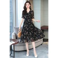 雪纺连衣裙女2021年新款春夏装修身显瘦气质大码遮肚子碎花长裙子 黑色 原版厂家直销 M 100斤内 有内衬