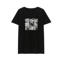 复古印花短袖中长款t恤裙子女2021夏季新款休闲宽松大码连衣裙女 黑色 S