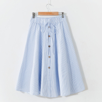 夏季新款小清新学生松紧高腰显瘦百搭大摆裙A字单排扣条纹半身裙 清新浅蓝[条纹] 松紧腰