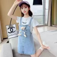 女童牛仔背带裙2021新款夏装韩版时髦洋气宽松中大童小熊吊带裙 单件背带裙(只有背带裙) 120cm
