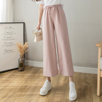 小个子棉麻阔腿裤女夏季薄款粉色裤子宽松垂感直筒九分休闲裤抽绳 980#粉色 S [参考80-100斤]