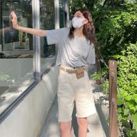 [EH STORE]2021夏装短袖上衣女 韩版不规则褶皱设计感短款t恤潮 肯豆灰 XS