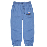 小袋鼠希瑞儿童防蚊裤男童冰丝裤天丝牛仔裤女童裤子夏季薄款宝宝 天丝牛仔蓝02-汽车 100cm(100码[建议身高90-