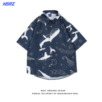 NSRZ夏季鲸鱼印花夏威夷短袖衬衫情侣男女国潮嘻哈港风衬衣ins潮 深蓝色 鲸鱼衬衫 S