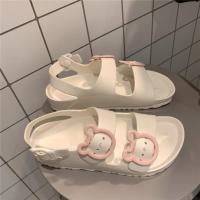 凉鞋女2021夏天ins仙女风时尚平底外穿学生可爱厚底沙滩鞋罗马鞋 粉扣白色 36