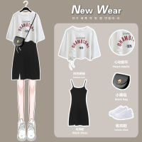 黑色吊带连衣裙女2021新款春夏法式气质小裙子两件套茶歇裙小个子 白色印花短袖[单件] S