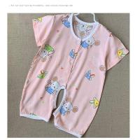 婴儿夏季连体衣宝宝棉绸连体睡衣长袖薄款儿童哈衣爬服开裆空调服 短袖绵绸连体衣 粉底鼠 73建议身高66cm内