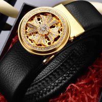 皮带男士真皮自动扣腰带中年休闲商务百搭牛仔裤裤带ins潮年轻人 金色旋转十字款 110cm