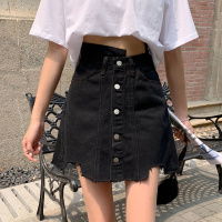 不规则牛仔裙高腰a字大码胖mm半身裙女夏季女装排扣黑色包臀短裙 黑色 S [ 80-100斤]