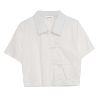 polo领中国结短款短袖t恤2021新款白色上衣复古ins女式体恤衫t血 白色 S