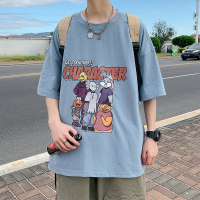 胖胖哥宽松休闲五分袖夏季潮牌印花大码胖子体恤韩版潮流情侣T恤男装 浅蓝色 S