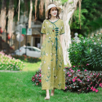 2021夏装新款民族风复古印花棉麻短袖连衣裙收腰系带盘扣系带长裙 绿+绿扣 M[90-110斤]