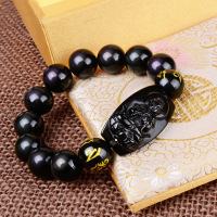 天然黑曜石手链八大守护神男士水晶佛珠十二生肖情侣款手串 普贤[龙蛇]14MM
