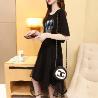 长款t恤裙女2021年新款宽松设计感假两件网纱拼接收腰显瘦连衣裙 S90#黑色 M