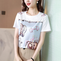 重磅真丝上衣女短袖夏新款高端时尚印花圆领宽松显瘦桑蚕丝T恤衫 1号花 S