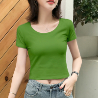 短款露脐绿色t恤女短袖漏肚脐紧身高腰性感黑色上衣服2021年夏季 牛油果绿 S