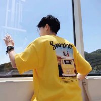 夏装短袖t恤男原宿风衣服男青少年韩版宽松五分袖学生上衣半袖男 小巴 黄 (单件) S