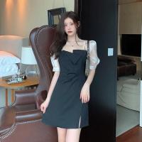 2021夏季新款大码女装胖MM法式连衣裙性感心机小众开叉气质小裙子 黑色(短款) M[建议80-100斤]