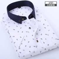 2021春秋新款男装格子条纹长袖衬衫男商务休闲白短袖印花衬衣服寸 6101短袖 M/38 [90-110斤]