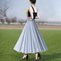 大码垂感显瘦网纱裙女半身裙夏春款2021年新款长裙子中长款小个子 灰色 S