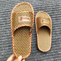 夏季竹藤草席凉拖鞋女居家情侣草编织室内地板厚底男防滑透气拖鞋 标贴皇冠 38/39[适合37/38]
