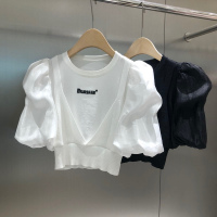 冰丝泡泡袖短袖t恤女假两件衬衣韩版小个子设计感高腰短款上衣潮 白色 均码