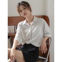 2021夏季新款polo领设计感上衣女白色条纹衬衫学生翻领短袖衬衣 白色 S