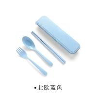 筷子勺子套装小麦秸秆餐具成人三件套叉学生韩版儿童可爱便携盒 儿童小号北欧蓝 蓝色盒子