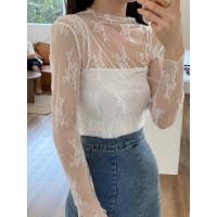 花田橱窗 蕾丝网纱打底衫女夏季新款透视防晒衫半高领内搭T恤上衣 白色 均码