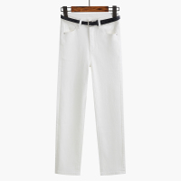 羊城故事直筒牛仔裤女高腰显瘦春秋2021年新款小个子修身九分裤子 白色 配皮带 XL