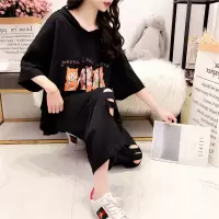 夏季粉色套装女2021新款七分裤子宽松连帽体恤休闲两件套大码女装 黑色 M