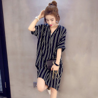 胖mm夏装2021大码女装新款洋气显瘦中长款短袖条纹衬衫连衣裙减龄 图色 大码XL[110-130斤]